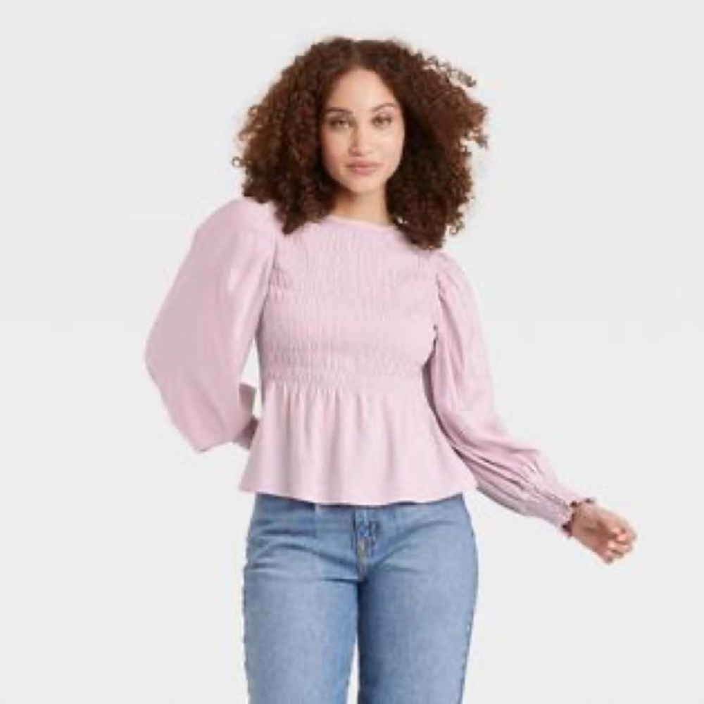 A New Day Long Sleeve Smocked Peplum Top in Lavender